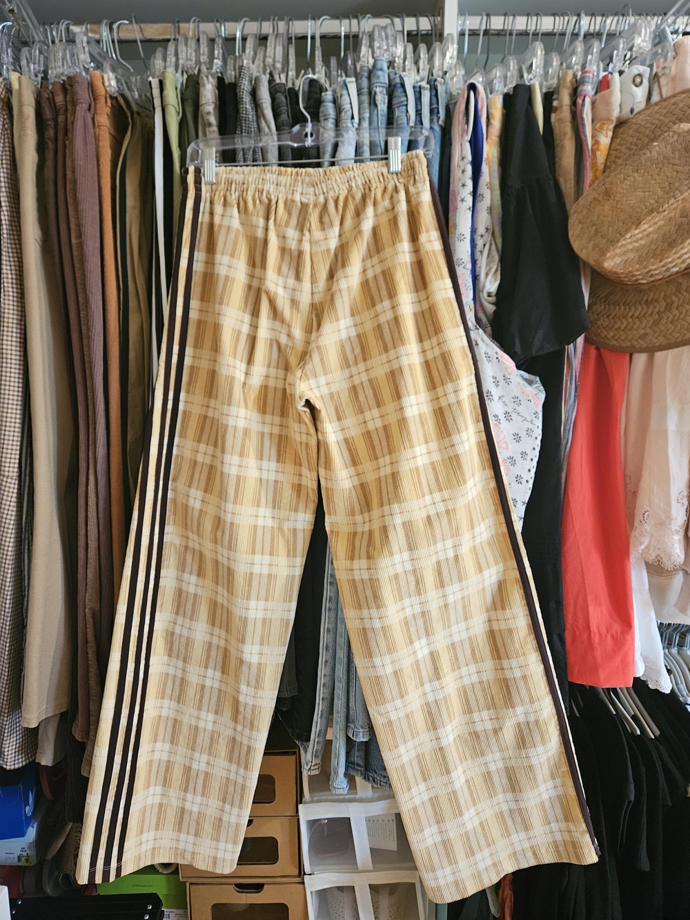 adidas Plaid Yellow, Cream, Brown Wide-Leg Track Pants with Side Stripes - Picture 4 of 4